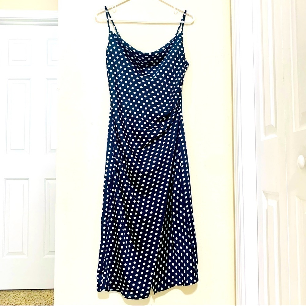RENAMED Y2K navy Polka Dot draped neck slip Dress women’s size S